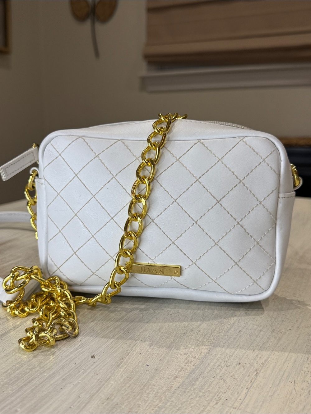 IMAN White Quilted Crossbody with Gold Chain